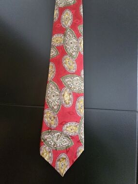 Guy Laroche Red Silk Tie with Green and Yellow Medallion Pattern